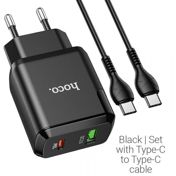 HOCO pametni hišni polnilec N5 20W z 3,0 QC z 1 x USB C in 1 x USB vtičem in s polnilnim kablom Type C - Type C za Samsung - črn