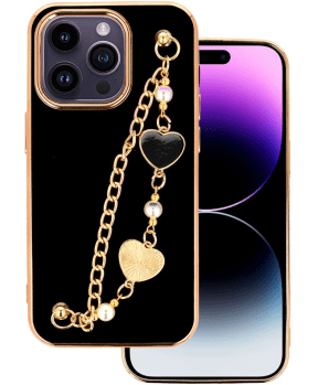 Trendy silikonski ovitek z zapestnico za iPhone 14 Plus 6.7 - črn s srčki - slika 2