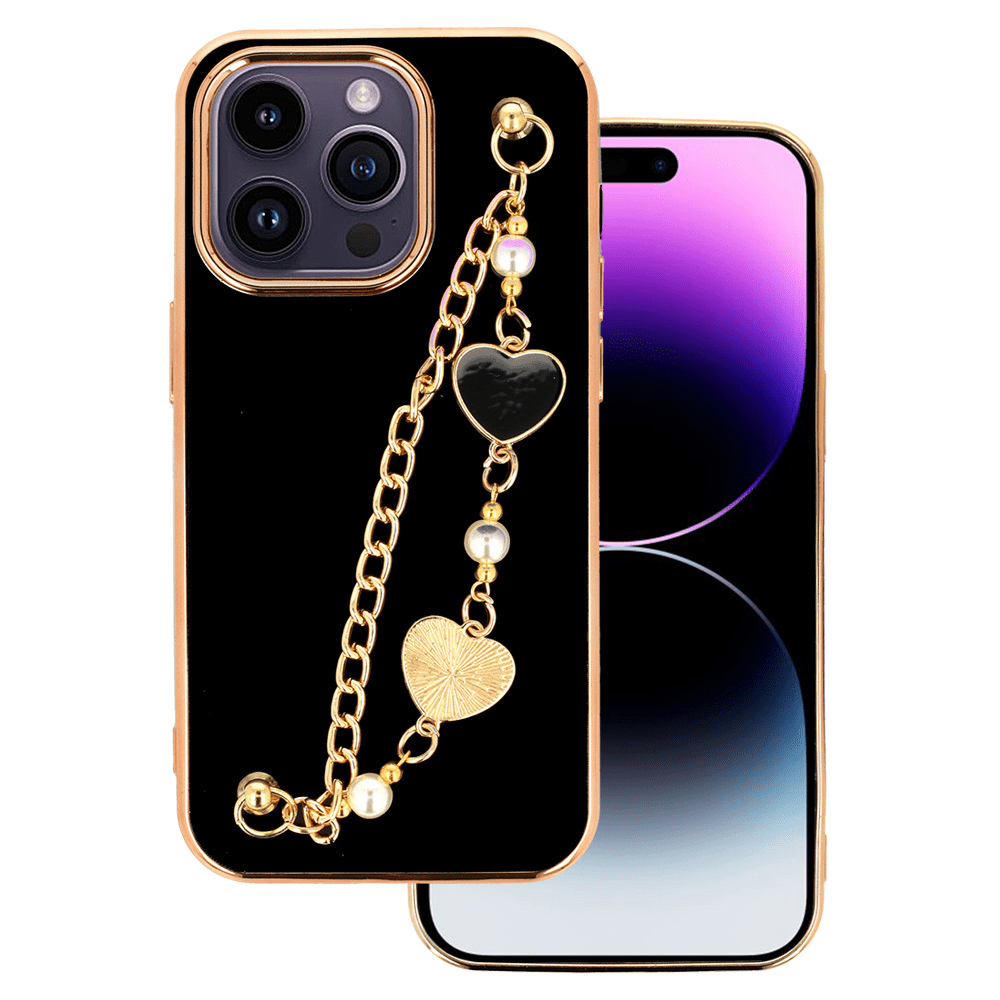 Trendy silikonski ovitek z zapestnico za iPhone 14 Plus 6.7 - črn s srčki