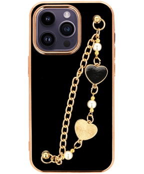 Trendy silikonski ovitek z zapestnico za iPhone 14 Plus 6.7 - črn s srčki - slika 3
