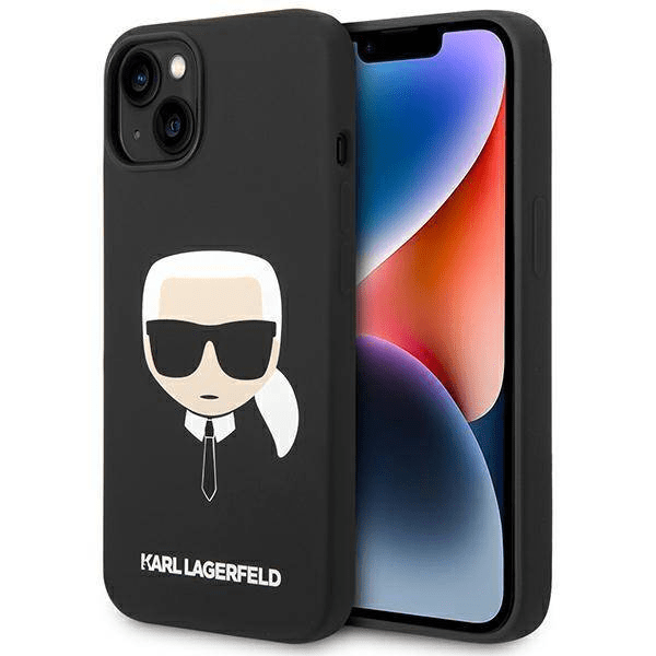 Originalen KARL LAGERFELD ovitek iPhone 14 6.1 - Karls Head - črn silikonska zaščita - KLHCP14SSLKHBK