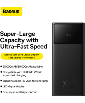 Baseus prenosna baterija Star Lord PPXJ20 powerbank 20.000 mAh 22,5W 2xUSB + 1x Type C - črn - slika 3