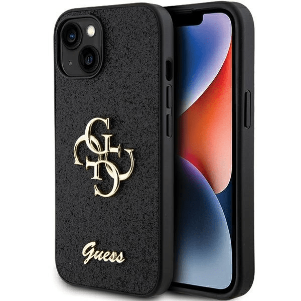 GUESS GUHCP15SHG4SGK silikonski ovitek za iPhone 15 - črn z bleščicami in zlatim logom