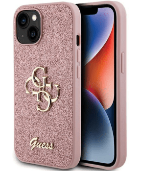 GUESS GUHCP15SHG4SGP silikonski ovitek za iPhone 15 - roza z bleščicami in zlatim logom - slika 2