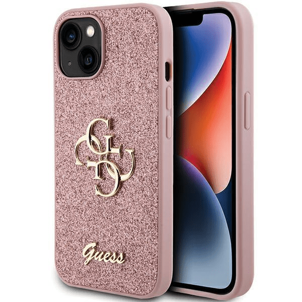 GUESS GUHCP15SHG4SGP silikonski ovitek za iPhone 15 - roza z bleščicami in zlatim logom