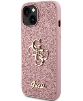 GUESS GUHCP15SHG4SGP silikonski ovitek za iPhone 15 - roza z bleščicami in zlatim logom - slika 3