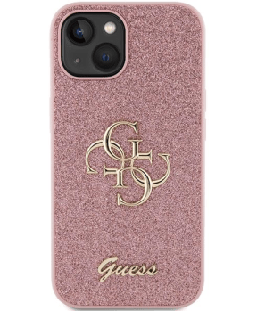GUESS GUHCP15SHG4SGP silikonski ovitek za iPhone 15 - roza z bleščicami in zlatim logom - slika 4
