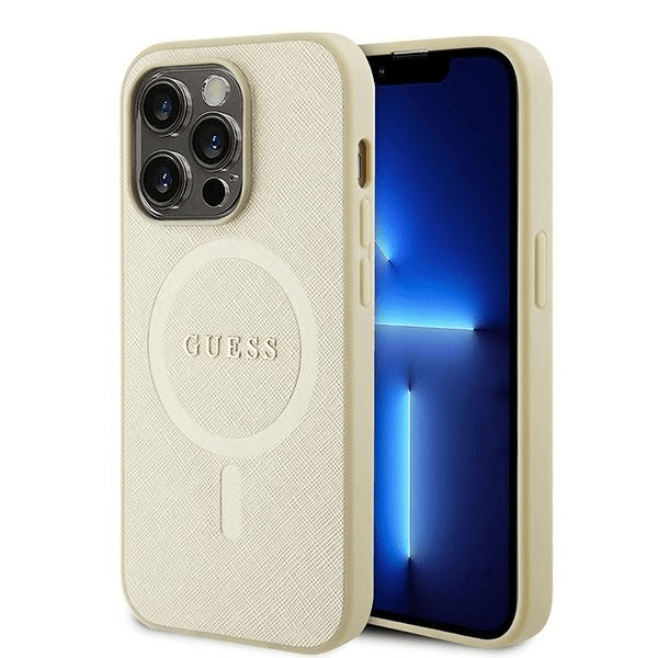 Originalni GUESS ovitek GUHMP15LPSAHMCB z Magsafe Saffiano za iPhone 15 Pro - zlat