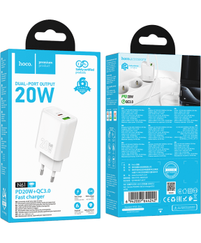 Hoco polnilec adapter N61 GaN PD 20W USB-A, Type C za Samsung, iPhone - bel - slika 5