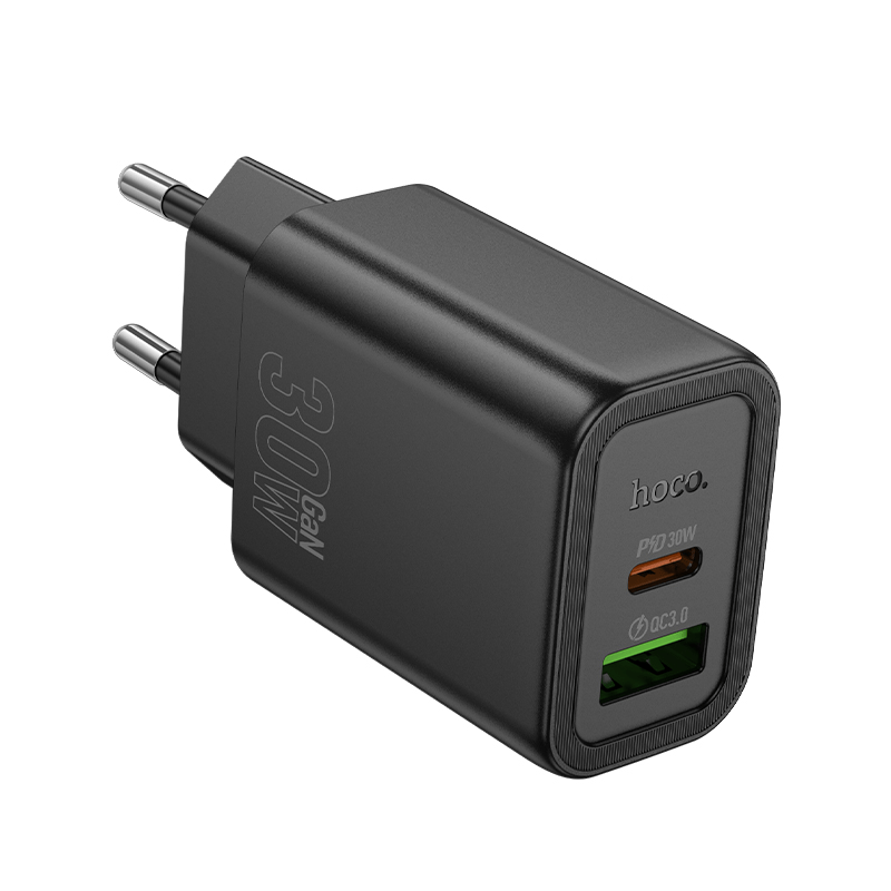 Hoco polnilec adapter N63 GaN PD 30W USB-A, Type C za Samsung - črn