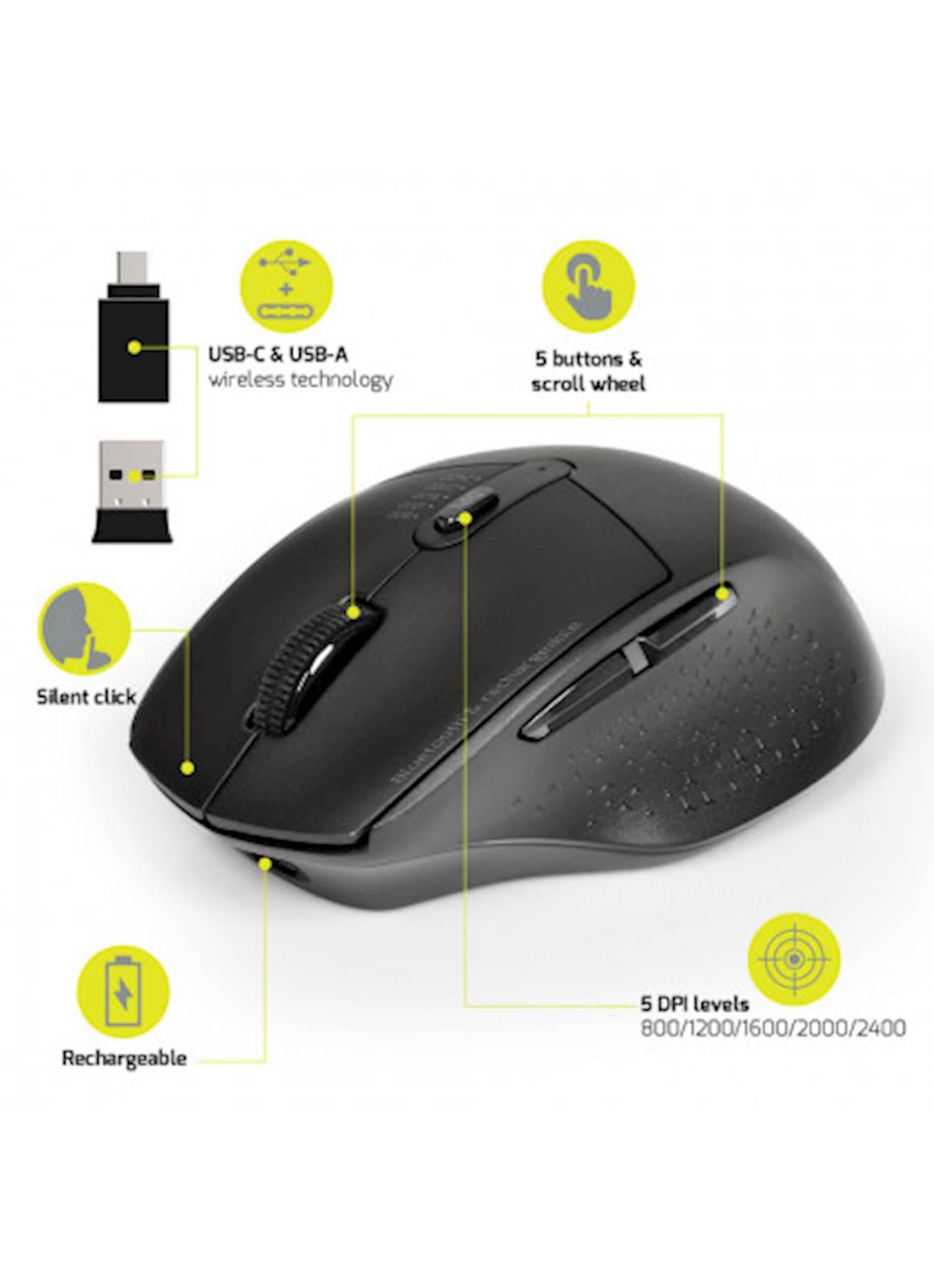 Miška PORT brezžična, BT, USB-A & USB-C, polnilna - slika 3