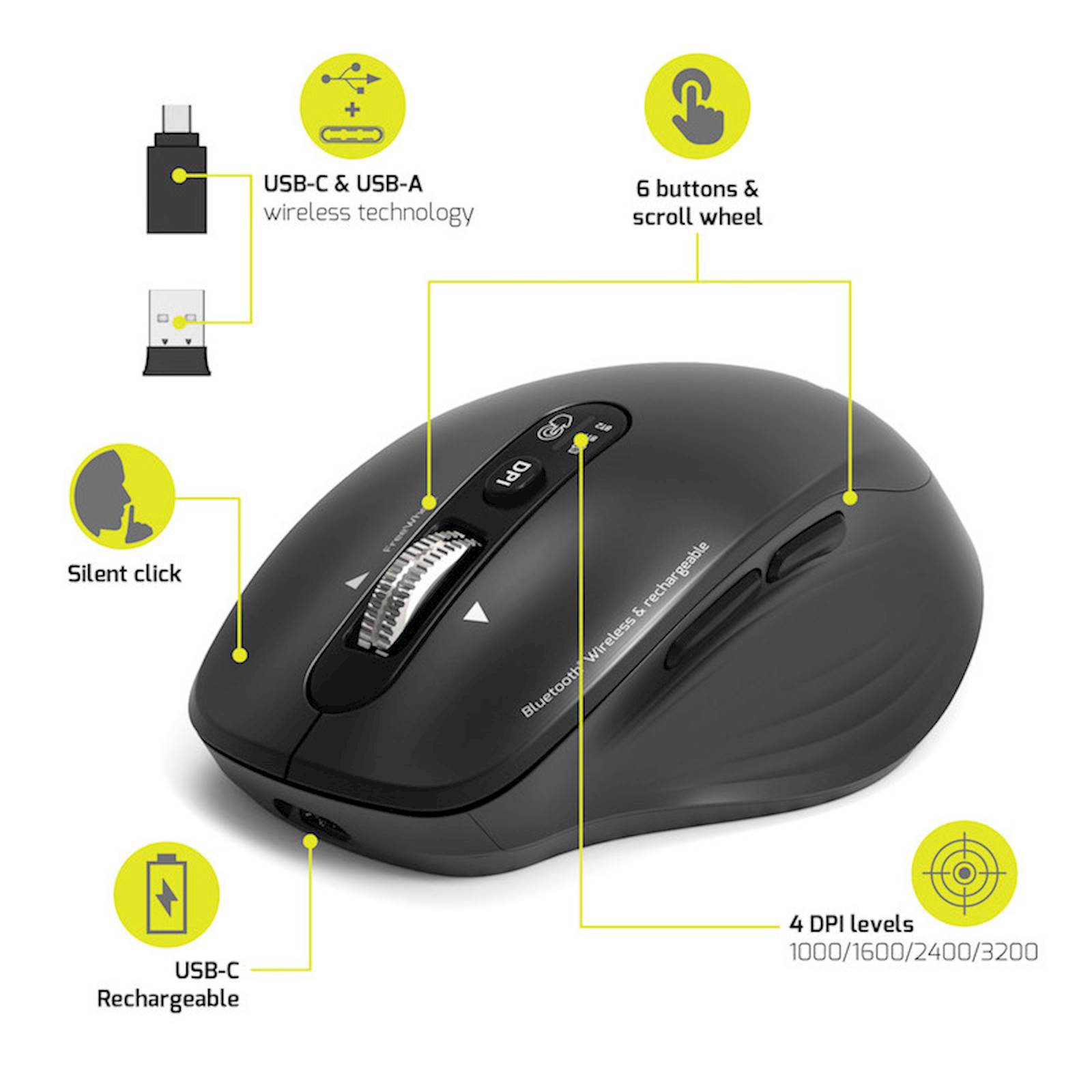 Miška PORT BUSINESS WL+BT, USB-A / C, polnilna - slika 2