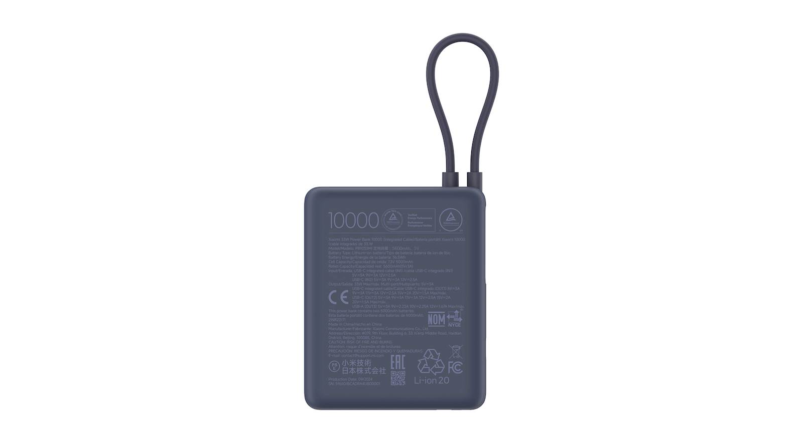 Xiaomi 33W Power Bank 10000 mAh Moder, 1x USB-A, 1x USB-C, integriran kabel USB-C - slika 2