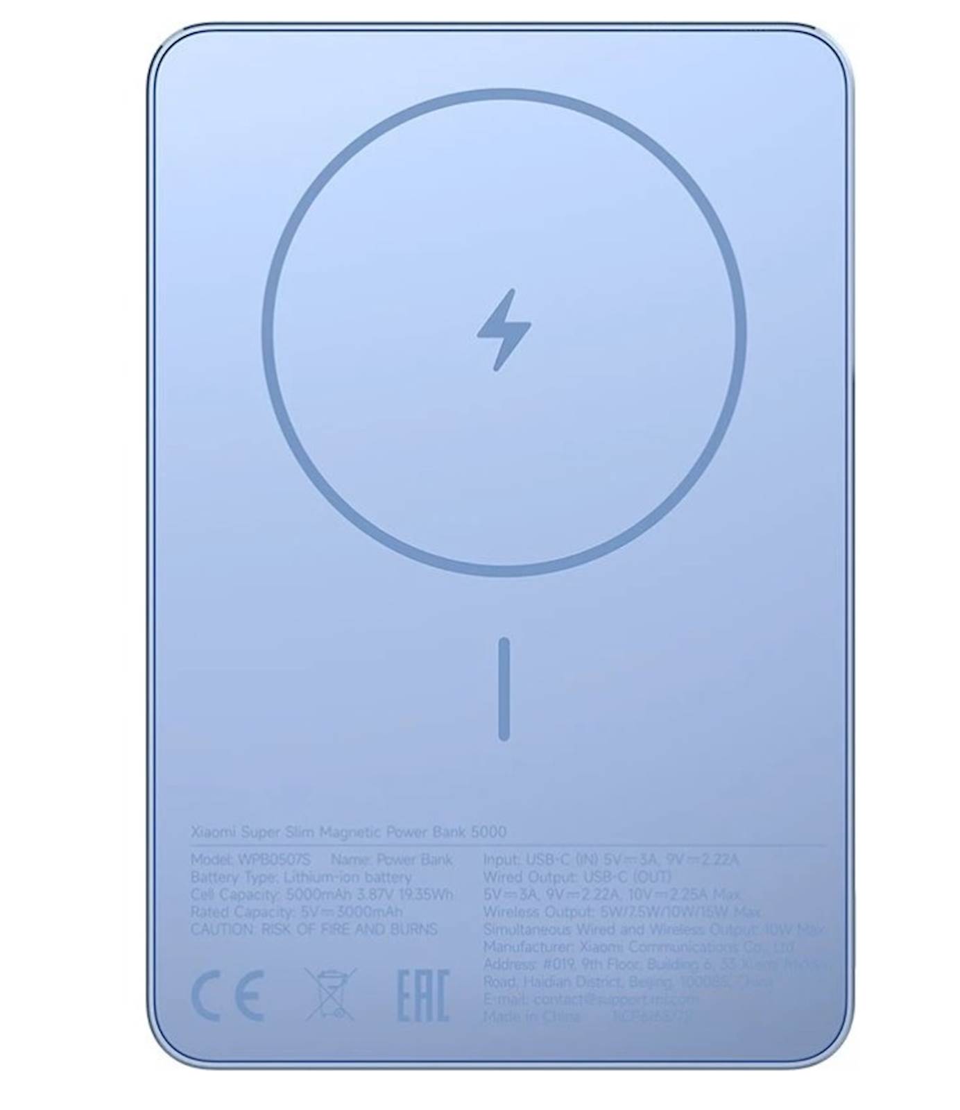 Xiaomi magnetna prenosna baterija 5000 mAh modra, Do 20W (žični USB-C) / Do 15W (brezžično)